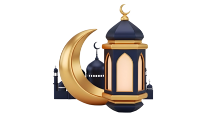 Golden mosque with crescent moon isolated Ramadan Islamic decoration luxury premium 3D illustration background