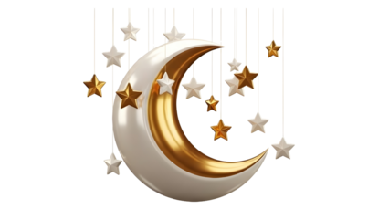 Golden crescent moon with floating stars isolated Ramadan Islamic decoration luxury premium 3D illustration