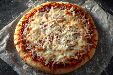 Unbaked pizza margherita with tomato sauce, mozzarella cheese, and crust, preparing for oven