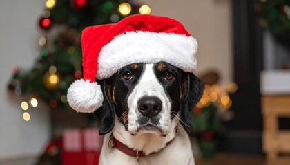 Festive Dog Portrait - Bernese Mountain Dog in Santa Hat.