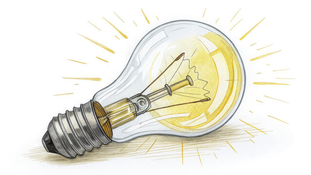 A semi realistic illustration of a glowing incandescent light bulb with a bright yellow filament and radiant - Powered by Adobe