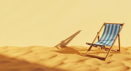 Summer Beach Chair on Sand, Yellow Background Copy Space