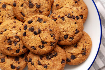 Homemade Chocolate Chip Cookies on a Plate, top view. Close-up.