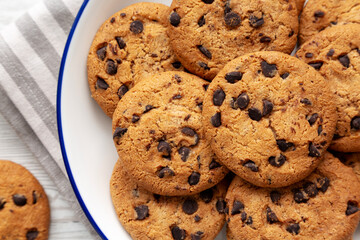 Homemade Chocolate Chip Cookies on a Plate, top view.