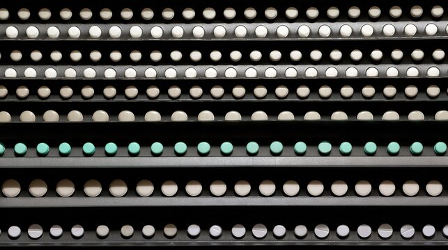 oligarchy. Pill organizer with tablets in sequence, clinical top view, geometric arrangement. STEM education sheets, lab safety posters, designed for biotech research communications.