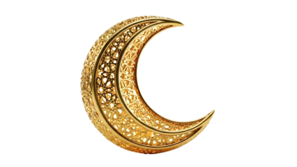 Ornate golden crescent moon isolated Ramadan Islamic decoration luxury premium 3D rendering illustration background