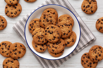 Homemade Chocolate Chip Cookies on a Plate, top view. Flat lay, overhead.