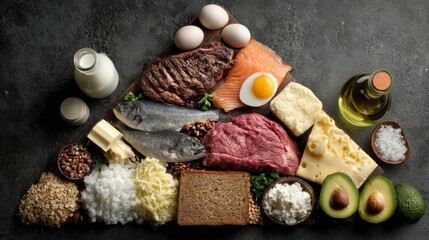 Top view of assorted protein rich and whole foods including steak, fish, eggs, dairy, nuts, grains, and avocado displayed in a food pyramid layout on a dark background.