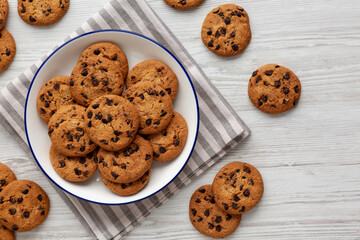 Homemade Chocolate Chip Cookies on a Plate, top view. Flat lay, overhead.