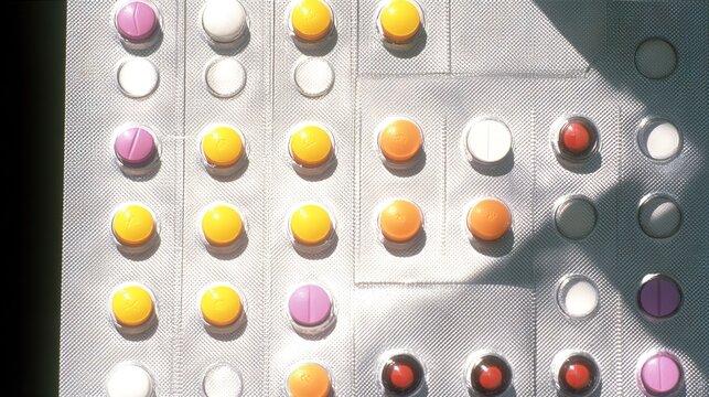 oligarchy. Pill organizer with tablets in sequence, clinical top view, geometric arrangement. STEM education sheets, lab safety posters, designed for biotech research communications.
