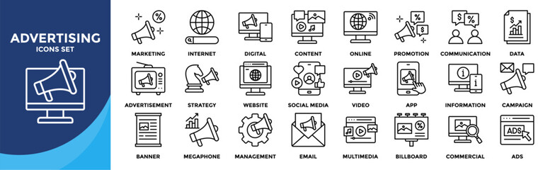 Advertising icon set collection. Icon pack contains Advertisement, Strategy, Website, Management, Commercial, Ads