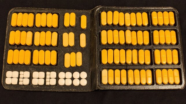 oligarchy. Pill organizer with tablets in sequence, clinical top view, geometric arrangement. STEM education sheets, lab safety posters, designed for biotech research communications.