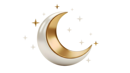 Elegant golden crescent moon with sparkling stars isolated Ramadan Islamic decoration luxury premium 3D illustration