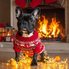 Festive French Bulldog in Christmas Sweater by Fireplace.