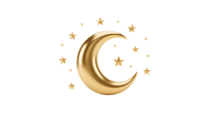 Golden crescent moon with sparkling stars isolated background luxury Ramadan Islamic decoration premium 3D illustration