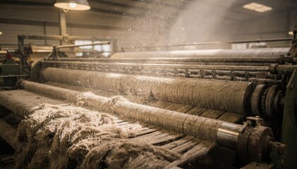 Dusty carding machine operation emphasizing coarse fiber processing with visible dust particles swirling as the wide carding frames align raw materials.