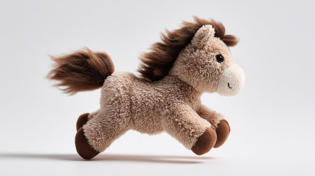 cute pony plush toy running, fluffy stuffed horse doll, adorable mid-motion animal plushie