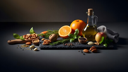 Fresh Fruits and Natural Ingredients with Olive Oil Still Life