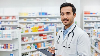 Smiling Male Pharmacist in White Coat Assisting Customers in a Pharmacy Filled with Various Medications and Health Products
