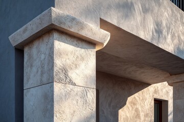 Exterior stone column and textured wall bathed in warm sunlight, creating contrasting shadows