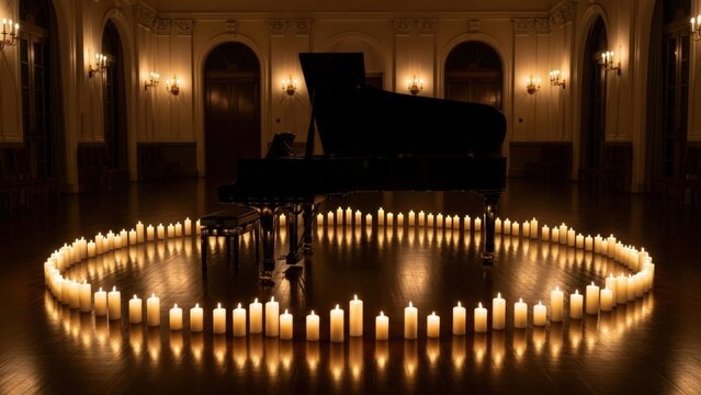 A grand piano sits in a dim, elegant hall, encircled by numerous glowing candles on a polished wooden floor