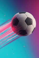 Naklejka premium Soccer ball in dynamic motion with speed lines trailing, against energetic gradient background transitioning from teal to purple, highlighting speed and sport