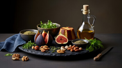 Seasonal Fruits and Premium Ingredients Still Life with Olive Oil