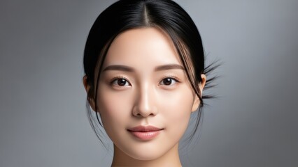 Naklejka premium Detailed portrait of a calm East Asian woman with dark hair pulled back, gentle gaze, neutral background