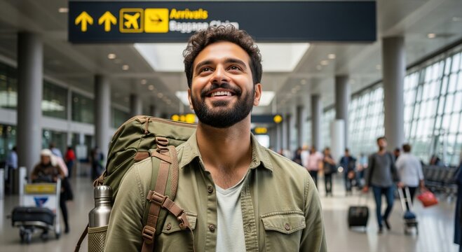 Happy Young Man Traveler Smiling in Modern Airport Terminal