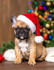 Festive French Bulldog Puppy in Santa Hat with Christmas Tree.