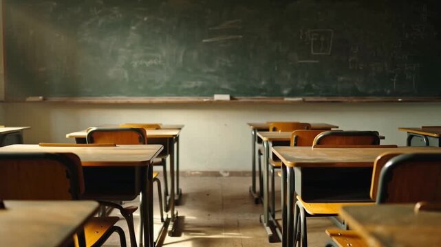 Cinematic empty classroom interior, rows of old wooden chairs desks, blackboard chalk residue, warm sunlight windows, dust particles floating air, slow dolly camera movement, nostalgic academic 4k