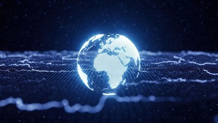 Futuristic blue glowing Earth globe with illuminated continents, atop a wavy digital grid on dark background