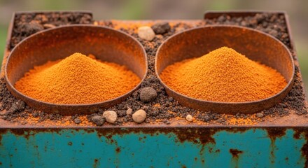 Close up of bright orange powdered spices in rustic metal bowls with earthy texture