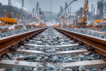 Railroad tracks converging into the distance with industrial cranes and bokeh lights