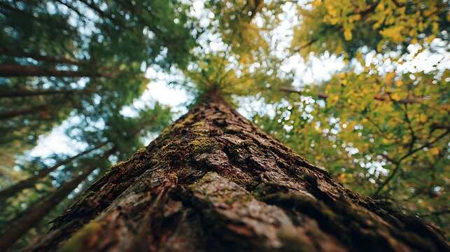 tall tree growing upward viewed from ground, strong vertical composition, natural forest light