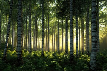 Sunlight filters through dense birch trees in a serene forest setting during daytime