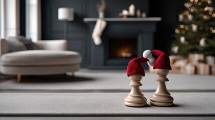 Two white chess pawns with red Santa hats on chessboard edge, cozy living room, fireplace, Christmas tree, festive mood