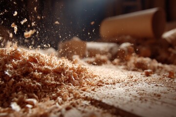 Wood shavings and sawdust create a cloud in a woodworking workshop