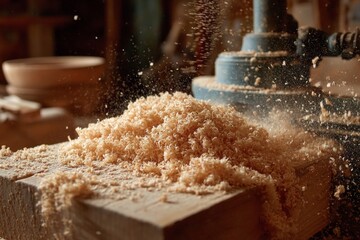 Wood shavings accumulating on a timber beam from a woodworking machine