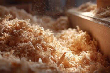 Piles of light wood shavings and sawdust highlighting woodworking craftsmanship