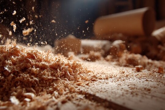 Wood shavings and sawdust create a cloud in a woodworking workshop - Powered by Adobe
