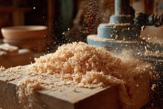 Wood shavings accumulating on a timber beam from a woodworking machine - Powered by Adobe