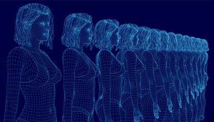 A set of animated 3D wireframe women stands in a line, wearing bras and panties against a blue background for a dynamic digital visualization. © German Ovchinnikov