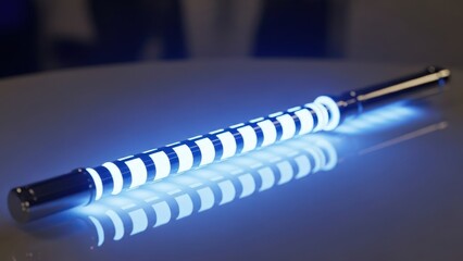 Sleek metallic cylinder with glowing blue-white spiral segments and a white ring, reflected on a smooth surface