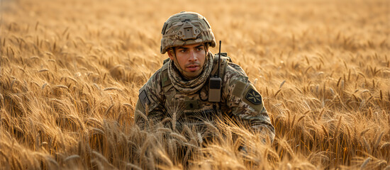 Soldier in camouflage gear crouching in a wheat field. Vigilant military man with radio on patrol during golden hour