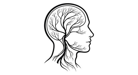Human head profile with tree branches inside artistic line drawing silhouette