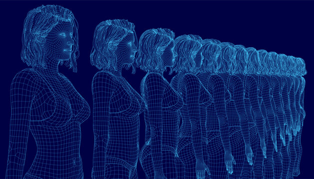 A set of animated 3D wireframe women stands in a line, wearing bras and panties against a blue background for a dynamic digital visualization.