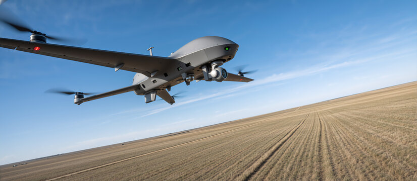Advanced military surveillance drone flying over a dry field. UAV with VTOL technology and gimbal camera system. Unmanned aerial vehicle for reconnaissance and security operations
