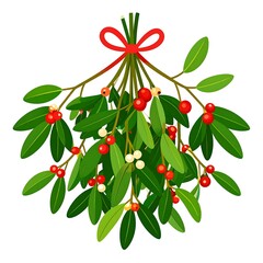Festive Mistletoe Bouquet with Red Ribbon for Holiday Decoration.