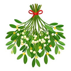 Festive Mistletoe Bunch with Berries and Red Ribbon Decoration.